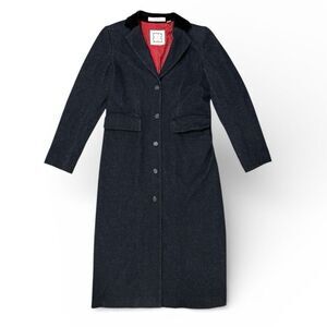 LIZ CLAIBORNE long Jacket Over coat Wmns Sz 8 Dark Blue Wool Blend Red Lining